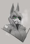 anthro clothed clothing female gas_mask green_eyes mask solo alibiwolf vex_(alibiwolf) canid canine canis hybrid jackal mammal sabertooth_(disambiguation) black_and_white bust_portrait hi_res monochrome portrait sketch