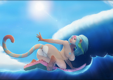 all_fours anthro anus balls breasts genitals gynomorph intersex nipples nude open_mouth outside smile solo surfboard tail vehicle watercraft dafka haplorhine mammal monkey primate hi_res