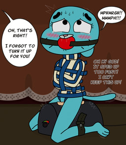arms_tied ball_gag bdsm blush bodily_fluids bondage bottomless bound clothed clothing dialogue female front_view gag gagged genital_fluids genitals legs_tied masturbation motion_lines no_irises no_underwear overstimulation restraints sex sex_toy shocked shuddering solo speech_bubble straddling straitjacket strapped_down sybian text thoughts vaginal vaginal_fluids vaginal_masturbation variant_set vibrating vulva low-down cartoon_network the_amazing_world_of_gumball nicole_watterson alternate_version_at_source comic english_text hi_res