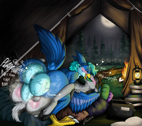 anthro balls beak big_balls big_penis blue_body blue_eyes blue_feathers book campfire camping cheek_markings duo electronics facial_markings feathers feet forest from_front_position genitals green_eyes green_tongue head_markings hooves huge_balls huge_penis hyper hyper_balls hyper_genitalia hyper_penis lamp lantern log male male/male markings mating_press moon open_beak open_mouth passionate_kiss penis pillow plant plap radio rough_sex sex tail tail_feathers talons text toes tongue tree turquoise_hair wings wood furbave mythology avius_volante avian bird deer dragon hybrid mammal mythological_creature mythological_scalie scalie absurd_res hi_res