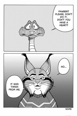 anthro betrayal clothing dialogue duo fangs feral fur male pointy_ears scales sweater teeth text topwear villainous some_(someone) disney zootopia gary_de'snake pawbert_lynxley canada_lynx felid feline lynx mammal pit_viper reptile scalie snake viper black_and_white comic english_text hi_res monochrome