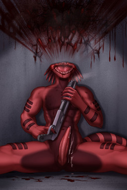 animal_genitalia animal_penis anthro blood blood_on_wall bodily_fluids cum cum_on_penis cum_on_self cumshot death ejaculation erection fingers genital_fluids genitals gore gore_focus gun head_explosion holding_gun holding_object holding_ranged_weapon holding_shotgun holding_weapon male navel nude penis ranged_weapon shotgun sitting snuff solo spread_legs spreading suicide tail teeth weapon conquistabear furx_(character) lizard reptile scalie digital_media_(artwork) hi_res