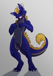 anthro blonde_hair blue_body blue_fur digitigrade eyes_closed fur hair male simple_background solo tail tail_tuft tongue tongue_out tuft yellow_eyes stupidshepherd mythology arch_(goodornot) dragon furred_dragon furred_scalie mythological_creature mythological_scalie scalie hi_res