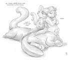 bottomless breasts cat_toy clothed clothing crossgender dialogue duo female fur hair hoodie pawpads text topwear flinters werenimal calvin_(werenimal) zeelo cat_taur domestic_cat felid felid_taur feline feline_taur felis mammal mammal_taur taur 2023 5:4 english_text greyscale hi_res monochrome