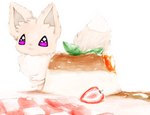 ambiguous_gender berry brown_body cake dessert feral flan fluffy food fruit fur mane neck_tuft open_mouth pink_eyes pink_sclera plant simple_background smile solo strawberry tuft white_background snoiifoxxo nintendo pokemon eevee generation_1_pokemon mammal pokemon_(species) shiny_pokemon