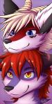 ambiguous_gender anthro blue_eyes brazil duo fur hair heart_symbol horn male purple_body purple_fur red_body red_fur red_hair white_hair yellow_eyes raven_ark ruffie_ninkoter canid canine fox mammal 1:2 headshot_portrait hi_res icon portrait mother_(lore) parent_(lore) son_(lore)