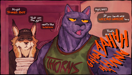 anthro clothed clothed_female clothed_male clothing dialogue duo emanata facial_piercing female locker_room male moan muscular muscular_anthro muscular_female nose_piercing nose_ring piercing profanity ring_piercing text fanofthefurr goat_(movie) sony_corporation sony_pictures jett_fillmore felid mammal pantherine english_text hi_res