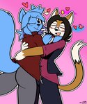 anthro anthro_on_anthro big_butt black_body black_eyes black_fur black_hair black_markings black_nose blue_body blue_bottomwear blue_clothing blue_fur blue_hair blue_jacket blue_pants blue_topwear bottomwear brown_body brown_fur buckteeth butt clothed clothing cute_fangs duo eyes_closed fangs female flower fur gloves_(marking) grey_bottomwear grey_clothing grey_pants hair heart_symbol hip_grab hug jacket male male/female markings one_eye_closed open_clothing open_jacket open_mouth open_shirt open_topwear pants pink_background plant purple_clothing purple_shirt purple_topwear red_clothing red_shirt red_topwear romantic romantic_couple shirt shoulder_grab simple_background smile star tail teeth topwear white_body white_fur white_inner_ear wink felino lettuce_(latexia) peter_(felino) domestic_cat felid feline felis mammal rodent sciurid tree_squirrel 2024 hi_res