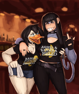 accessory alternative_fashion anthro arm_around_shoulders bangs bar beak belt black_hair black_nails blue_eyes bottomwear breasts choker cleavage clothed clothing collar colored_nails denim denim_bottomwear denim_clothing denim_shorts duo eyeshadow facial_piercing feathers female fingerless_gloves fur furgonomics gesture gloves goth grey_body grey_fur hair hand_gesture handwear inside jewelry lip_piercing lip_ring long_hair looking_at_another looking_at_viewer makeup middle_finger nails necklace open_mouth piercing ring_piercing shirt shorts smile spiked_collar spiked_tailband spikes standing studded_belt studs tail tail_accessory tailband text text_on_clothing text_on_shirt text_on_topwear topwear white_body white_feathers redustheriotact beth_(redustheriotact) lenora_(wonderwaffle) anatid anseriform avian bird duck haplorhine mammal monkey primate 2022 english_text hi_res