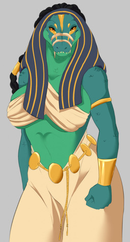 accessory anthro armlet bandage bare_shoulders big_breasts biped black_hair bottomwear bra bracelet braided_hair breasts closed_smile clothed clothed_anthro clothed_female clothing dark_hair egyptian egyptian_clothing egyptian_headdress facial_markings female fingers glistening glistening_armlet glistening_bracelet glistening_jewelry gold_(metal) gold_armlet gold_bracelet gold_jewelry green_body green_breasts green_scales grey_background hair hair_accessory head_markings headdress humanoid_hands iris jewelry light_body light_scales long_hair looking_at_viewer markings monotone_breasts mouth_closed nemes nemes_(clothing) non-mammal_breasts orange_eyes pants pupils scales sharp_teeth simple_background smile smiling_at_viewer snout solo standing tan_bottomwear tan_bra tan_clothing tan_pants tan_underwear teeth thick_neck three-quarter_view under_boob underwear wide_hips yellow_markings yellow_sclera merffle marvel marvel_cinematic_universe moon_knight_(series) ammit_(moon_knight) crocodile crocodilian reptile scalie 2022 digital_drawing_(artwork) digital_media_(artwork) hi_res portrait three-quarter_portrait