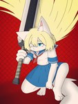 anthro big_sword blonde_hair blue_eyes clothing crouching dragon_slayer_(berserk) eyewear female hair holding_object holding_weapon red_background school_uniform serious_face simple_background solo uniform weapon kemonoyao berserk_(series) canid canine fox mammal 3:4 hi_res