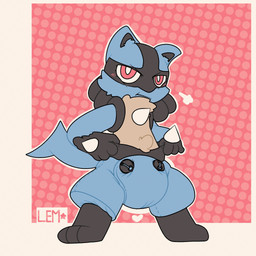 3_toes 4_fingers ambiguous_gender anthro black_body black_fur black_inner_ear black_pseudo_hair blue_body blue_bottomwear blue_clothing blue_ears blue_fur blue_pants blue_tail blush blush_lines border bottomwear bottomwear_pull breath button_(fastener) chest_spike clean_diaper clothed clothing clothing_pull cloud_emanata diaper diaper_under_clothing dotted_background emanata feet fingers front_view fur gloves_(marking) heart_symbol holding_bottomwear holding_clothing holding_object holding_pants leg_markings markings multicolored_body multicolored_fur narrowed_eyes pants pants_pull pattern_background pseudo_hair pulling_up_pants serious simple_background socks_(marking) solo spikes spikes_(anatomy) standing tail tan_body tan_fur three-quarter_view toes wearing_diaper white_border typhy nintendo pokemon generation_4_pokemon lucario pokemon_(species) 1:1 2021 full-length_portrait hi_res portrait