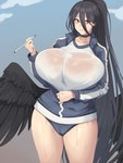 big_breasts black_hair bodily_fluids breasts female hair huge_breasts red_eyes solo sweat wings metalowl blue_archive hasumi_(blue_archive) humanoid winged_humanoid 3:4 hi_res