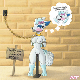 accessory anthro arms_tied aroused ball_gag bdsm blue_eyes blush bodily_fluids bondage bound bow_ribbon breasts brick brick_wall collar collar_only ears_back embarrased_horny embarrassed exhibitionism eyelashes female forced forced_exposure fur gag genital_fluids genitals gold_(metal) gold_collar gold_leash hair hair_accessory hair_bow hair_ribbon hands_behind_back head_tuft inner_monologue leash leashed_collar looking_down metal_collar multi_tail multicolored_body multicolored_fur nude nude_anthro nude_female one-bar_prison outside penetration pivoted_ears pokemorph public public_exposure public_nudity restraints ribbons rope rope_bondage sand sandstone sign signpost slave solo standing tail text thinking tuft vaginal vaginal_fluids vaginal_penetration vulva wall_(structure) white_body white_fur ninjatreecko nintendo pokemon aurora_ledekova fan_character alolan_form alolan_vulpix generation_7_pokemon mammal pokemon_(species) regional_form_(pokemon) 1:1 english_text hi_res
