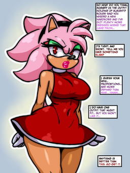 accessory after_transformation anthro breasts clothing dialogue dress female fur gender_transformation green_eyelids hair hair_accessory hairband lipstick makeup medium_breasts mtf_transformation offscreen_character pink_body pink_fur pink_hair pink_lipstick red_clothing red_dress red_eyes solo tight_clothing transformation broth_nsfw sega sonic_the_hedgehog_(series) shadow_the_hedgehog eulipotyphlan hedgehog mammal 3:4 hi_res tagme