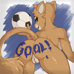 anthro ball bodypaint butt eyelashes female genitals looking_at_viewer looking_back mascot nude nude_anthro nude_female pink_nose smile soccer_ball solo vulva gojiexe club_universidad_nacional liga_mx goya_(pumas_unam) cougar felid feline mammal 1:1 hi_res