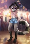 anthro blue_eyes bottomwear clothed clothing crop_top crowd dance_club dancing festival fur grey_body grey_fur group holidays jeans_shorts male rave shirt smile solo standing tail topwear meosh mammal digital_media_(artwork) hi_res