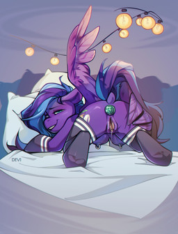 anal anal_penetration bed bedroom bedroom_eyes blush bodily_fluids butt buttplug buttplug_in_ass buttplug_insertion clothing cutie_mark female feral furgonomic_piercing furgonomics furniture garland genital_fluids genitals hooves legwear looking_at_viewer looking_back looking_back_at_viewer narrowed_eyes nipple_piercing nipples nude object_in_ass on_bed penetration piercing pillow plug_(sex_toy) plug_insertion presenting presenting_vulva raised_tail ring_piercing seductive sex_toy sex_toy_in_ass sex_toy_insertion smile smiling_at_viewer solo spread_butt spread_legs spread_vulva spreading stockings tail teat_piercing teats thigh_highs vaginal_fluids vulva wings devi_shade hasbro my_little_pony mythology fan_character equid equine horse mammal mythological_creature mythological_equine pegasus pony hi_res