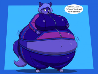 anthro belly belly_expansion big_belly big_breasts biped blue_body blue_fur blue_skin blueberry_inflation breast_expansion breasts clothing expansion female fur hand_on_breast huge_belly huge_breasts hyper hyper_belly hyper_breasts inflation midriff navel onomatopoeia pose solo sound_effects speech_bubble swelling text thick_thighs tracksuit wide_hips thaliaglacyswells canid canine fox mammal 2025 digital_drawing_(artwork) digital_media_(artwork) english_text full-length_portrait hi_res portrait