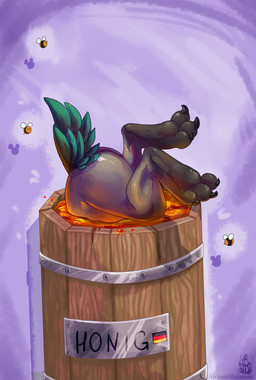 ambiguous_gender anthro barrel butt digitigrade feathers food german_flag honey_(food) solo tail tail_feathers text aishamishizuomi halo_(series) microsoft xbox_game_studios alien arthropod avian bee hymenopteran insect kig-yar scalie t'vaoan 2020 absurd_res german_text hi_res translated