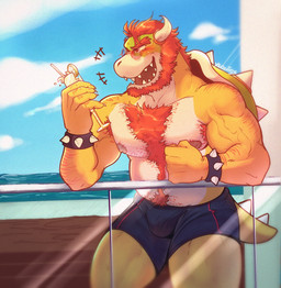 alcohol anthro armpit_hair beach beard beverage body_hair boxers_(clothing) bracelet chest_hair clothing cocktail cocktail_glass container cup drinking_glass drunk eyebrows eyewear facial_hair food fruit glass glass_container glass_cup hair happy_trail horn jewelry lemon male martini nipples open_mouth plant red_eyes red_hair sea seaside shell shoulder_hair solo spiked_bracelet spiked_shell spikes spikes_(anatomy) substance_intoxication sunglasses thick_eyebrows underwear water yellow_body xeoniios bowser_day mario_bros nintendo bowser koopa reptile scalie absurd_res hi_res