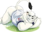 anthro ass_up black_nose blush bottomless butt clothed clothing crossed_arms fur grass jersey looking_at_viewer male mane mascot on_ground one_eye_closed plant raised_tail shirt simple_background smile solo tail tail_tuft topwear tuft whiskers white_background white_body white_clothing white_fur white_mane white_shirt white_topwear wink beastsauc3 nippon_professional_baseball saitama_seibu_lions leo_(saitama_seibu_lions) felid lion mammal pantherine