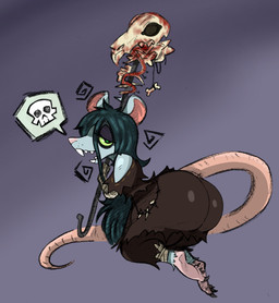anthro big_butt bone butt clothing female fur green_hair grey_background grey_body grey_fur hair hairless_tail huge_butt huge_thighs looking_back magic_user necromancer rat_tail robe simple_background skull solo speech_bubble staff tail thick_thighs chilipeppers mammal murid murine rat rodent hi_res