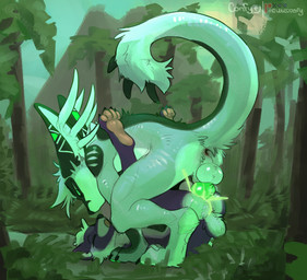 anal anal_penetration anus balls bodily_fluids butt colored_cum cum duo feet from_front_position genital_fluids genitals green_cum knot male mating_press nature nature_background penetration raised_tail sex size_difference tail tail_anus top_hole unusual_bodily_fluids unusual_cum unusual_genital_fluids conditional_dnp cuteconfy keldric_usugi_(fursona) bear hybrid mammal hi_res