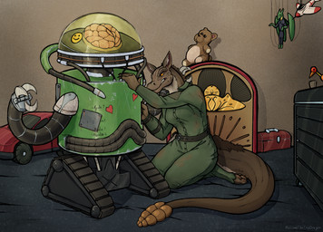 ambiguous_gender angry anthro brain_dome children's_toys clothing electronics female heart_symbol jukebox jumpsuit machine military_uniform plushie post-apocalyptic repair repairing solo teddy_bear text toolbox tools toy uniform tren fallout microsoft agalia_(bushdog) night_stalker_(fallout) robobrain_(fallout) robot artist_name english_description hi_res