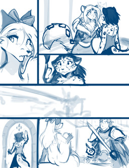 accessory anthro armor bow_ribbon casual_nudity cheek_tuft chest_tuft clothed clothed_anthro clothing eyebrow_through_hair eyebrows facial_tuft female group hair hair_accessory hair_bow hair_ribbon holding_melee_weapon holding_object holding_sword holding_weapon inside male melee_weapon nude_anthro open_mouth ribbons sitting standing sword translucent translucent_hair trio tuft uniform weapon conditional_dnp tom_fischbach twokinds adira_riftwall keiren_(twokinds) vanity_(twokinds) canid canine felid fox human mammal pantherine snow_leopard 2025 blue_and_white comic monochrome sketch