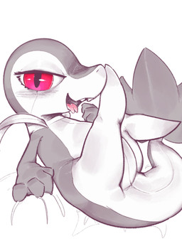 ambiguous_gender anthro biped blush fangs forked_tongue glistening glistening_eyes legs_up looking_at_viewer lying on_back open_mouth red_eyes simple_background snout solo tail teeth tongue white_background c3ilin nintendo pokemon generation_5_pokemon pokemon_(species) snivy hi_res