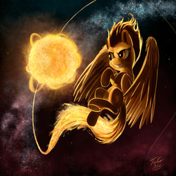 brown_eyes cutie_mark feathered_wings feathers female fire flying hair orange_hair smile solo space star sun wings yellow_body yellow_feathers tsitra360 friendship_is_magic hasbro my_little_pony mythology spitfire_(mlp) wonderbolts_(mlp) equid equine mammal mythological_creature mythological_equine pegasus 1:1 2014 hi_res