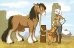 anthro blush braided_hair breasts bridle cliff cloud duo female feral hair hooves male mount mountain outside plains pole prairie reins riding_crop rope saddle sky suggestive whip saetia blancmark winter_wolfess canid canine canis clydesdale draft_horse equid equine horse mammal wolf hi_res