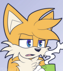 angry anthro blue_background blue_eyes chest_tuft clothing container cup facial_tuft fur gloves grumpy half-closed_eyes handwear head_tuft holding_container holding_cup holding_mug holding_object male mug narrowed_eyes open_mouth orange_body orange_fur simple_background snaggle_tooth solo steam text tuft waking_up white_body white_fur max_ice pdaisyff1 sega sonic_the_hedgehog_(series) miles_prower canid canine fox mammal artist_name