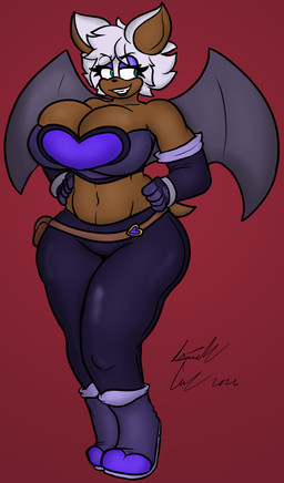 anthro big_breasts boots bottomwear breasts clothed clothing dark_body dark_skin eyebrows eyelashes female footwear gloves hair handwear lipstick makeup shoes smile solo tail topwear wings isaiahtse sega sonic_the_hedgehog_(series) rouge_the_bat bat mammal 2026 digital_media_(artwork) hi_res