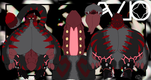 anthro balls big_balls big_breasts big_butt big_hands big_penis breasts butt cyberpunk feet female forked_tongue furry_balls genital_piercing genitals glowing glowing_markings grey_body gynomorph huge_balls huge_breasts huge_butt huge_hands huge_penis hyper hyper_balls hyper_breasts hyper_butt hyper_genitalia hyper_penis intersex markings nipple_piercing nipples open_mouth penis piercing prosthetic red_markings ribbed_penis solo starry_eyes stripes talons toes tongue vvitchpunk alio_(vvitchpunk) felid feline mammal absurd_res hi_res model_sheet