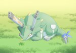 ambiguous_gender dandelion day detailed_background feral flower grass green_body outside plant quadruped railgun ranged_weapon weapon yellow_eyes sansyonoki64 bandai_namco digimon digimon_ghost_game digimon_(species) wezengammamon hi_res