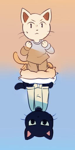 ambiguous_gender anthro black_body black_eyes black_tail bodily_fluids clothed clothing duo looking_down looking_forward mouth_closed paws pillow sweat sweatdrop tail whiskers white_body flavia-elric domestic_cat felid feline felis mammal 2018 absurd_res digital_media_(artwork) hi_res