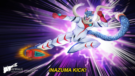 angry anime_reference anthro blue_body blue_markings body_hair clothing costume fangs fluffy fur green_eyes kick looking_at_another male markings orange_stripes pink_nose pose purple_body simple_background solo stripes teeth text white_body hynvale gallen felid feline leopard mammal pantherine snow_leopard english_text hi_res