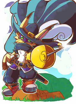 anthro belt boots cape clothing footwear fur green_eyes hat hat_feather headgear headwear looking_at_viewer loose_feather male mask melee_weapon rapier shirtless_anthro shirtless_male shoes solo sword weapon yellow_body yellow_fur dumblizard97 leafblade97 leafy97 bandai_namco digimon digimon_liberator digimon_(species) nyabootmon absurd_res hi_res
