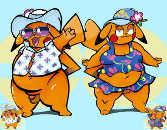 aloha_shirt anthro balls belly bottomless bottomless_female bottomless_male breasts clothed clothing duo eyewear female flaccid genitals hat headgear headwear humanoid_genitalia humanoid_penis male navel overweight pattern_clothing pattern_shirt pattern_topwear penis shirt sunglasses tanned topwear vulva blueguylie nintendo pokemon pokemon_winds_and_waves mr._windychu ms._wavychu generation_1_pokemon pikachu pokemon_(species) hi_res