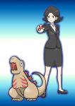 ambiguous_gender armless black_hair blue_eyes business_suit clothing duo female footwear frown gills gradient_background hair holding_object holding_pokeball open_mouth pokeball shoes simple_background standard_pokeball suit daraku48 fakemon godzilla_(series) nintendo pokemon toho godzilla kamata-kun ogashira_hiromi human kaiju lizard mammal reptile scalie crossover hi_res