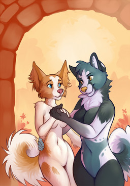 anthro blue_body blue_fur breasts detailed_background duo female female/female fur hand_holding outside romantic romantic_ambiance romantic_couple sunset tail white_body white_fur demicoeur canid canine canis domestic_dog mammal papillon toy_dog 2013 digital_media_(artwork)