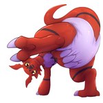 2_toes ambiguous_gender anthro balancing claws clothed clothing diaper digitigrade feet hand_on_diaper looking_at_viewer raised_leg raised_tail rear_view smile solo tail teeth toes touching_diaper wearing_diaper secret_desires bandai_namco digimon digimon_(species) guilmon 1:1 absurd_res hi_res