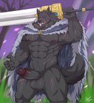 abs anthro armpit_hair balls big_balls big_penis black_sclera blush body_hair claws cloak clothing erection facial_scar fangs finger_claws fur genitals greatsword grey_body grey_fur holding_melee_weapon holding_object holding_sword holding_weapon humanoid_genitalia humanoid_penis looking_at_viewer male melee_weapon muscular muscular_anthro muscular_male navel nipples pecs penis purple_eyes scar scars_all_over solo sword teeth tongue tongue_out weapon nickgray elden_ring fromsoftware blaidd_(elden_ring) canid canine canis mammal wolf 2022 hi_res