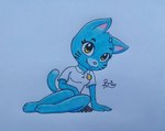 anthro barefoot blue_body blue_fur cat_tail fangs feet female fur head_tuft pose sitting smile solo tail teeth tuft whiskers yellow_eyes pillothestar cartoon_network the_amazing_world_of_gumball nicole_watterson domestic_cat felid feline felis mammal pinup traditional_media_(artwork)