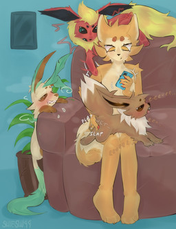 anthro anthro_on_feral aroused bestiality bodily_fluids cuckold distracted eye_roll female feral fingering fluffy fluffy_tail fur furniture genital_fluids group home inside leaf leaf_hair leaf_tail looking_at_another looking_pleasured male male/female neck_tuft on_sofa plant plant_hair pseudo_hair red_body shoulder_grab sitting sitting_on_another sitting_on_sofa size_difference sofa tail tuft vaginal vaginal_fingering vaginal_fluids waiting waiting_for_turn wet yellow_body yellow_eyes yellow_fur shieshuqqq nintendo pokemon fan_character canid canine eevee eeveelution flareon generation_1_pokemon generation_4_pokemon leafeon mammal pokemon_(species) hi_res