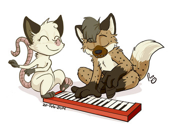 anthro brown_body brown_fur closed_smile dipstick_tail duo eyes_closed female fur gloves_(marking) grey_hair hair head_tuft leg_markings logo male markings mouth_closed nude pink_nose pink_tail short_hair simple_background sitting smile socks_(marking) spots spotted_arms spotted_legs spotted_markings spotted_tail tail tail_markings tuft white_background white_body white_fur young young_anthro young_female young_male pandapaco american_opossum hyena mammal marsupial 2014 4:3 artist_logo dated signature