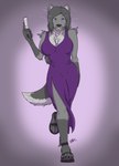 anthro blue_eyes breasts chest_tuft claws cleavage clothed clothing female footwear gun paws purple_clothing ranged_weapon slit_dress solo tail tuft weapon ssnowstalker angelica_moon_(claydon_delve) canid canine canis mammal wolf absurd_res hi_res