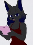 anthro blue_eyes blue_hair clothing female fur gaming grey_body grey_fur grey_hair hair open_mouth red_clothing red_shirt red_tank_top red_topwear shirt smile solo tank_top topwear thekitsuyt nintendo nintendo_2ds nintendo_ds_family canid canine fox mammal hi_res signature